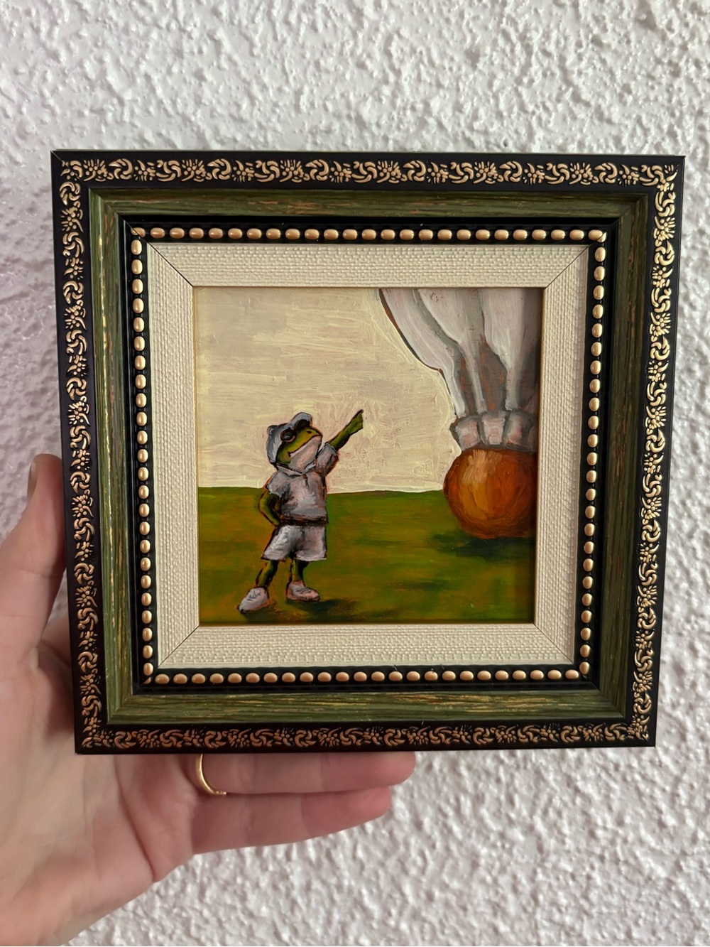 "Nelson Atkins Frog” Original oil painting on wood board mini framed 4x4"